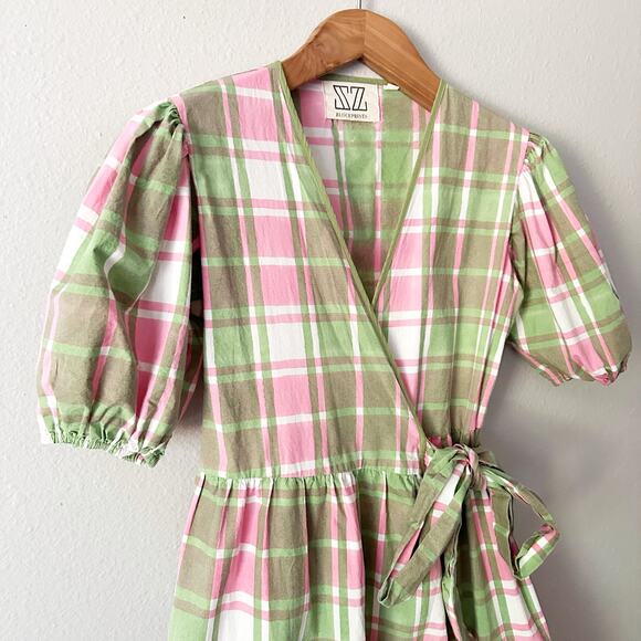 SZ Blockprints Emily Green/Pink Plaid Maxi Wrap Dress women’s size medium - Picture 2 of 11
